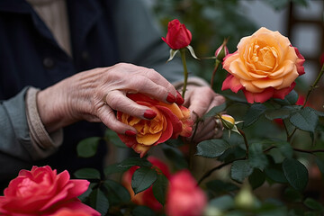 Wall Mural - an old woman's hands picking roses from a bush in front of her house, with the background blurred. Generative Ai