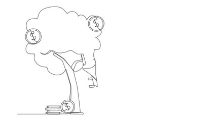 Poster - Self drawing animation of single one line draw Arabic businesswoman picking dollars from money tree. Money plant. Growth, financial success. Investment, income. Continuous line. Full length animated