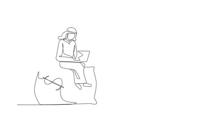 Poster - Self drawing animation of single line draw Arab businessman sitting on huge bomb with burning fuse, money bag. Financial, taxation burden or business debt. Continuous line draw. Full length animated