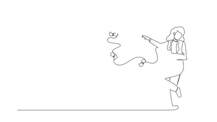 Poster - Self drawing animation of single line draw businesswoman millionaire throw out pile of money banknotes flying into air. Success wealthy fortune entrepreneur. Continuous line draw. Full length animated
