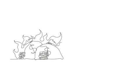 Poster - animated self drawing of single continuous line draw upset businesswoman kneeling. finances burning 