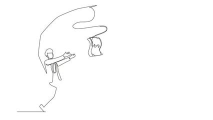 Poster - Self drawing animation of single line draw greedy businessman or manager is running after money. Greedy man in business suit with attached rod and dollar. Continuous line draw. Full length animated