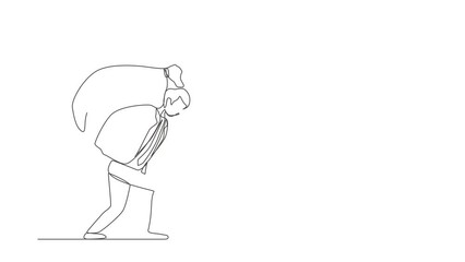 Poster - Animated self drawing of continuous line draw businessman carrying heavy money bag on back. Financial problems, taxation burden or business debt, deadline concept. Full length single line animation
