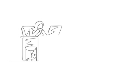 Poster - self drawing animation of single one line draw pensive arabian businesswoman working at laptop. frus