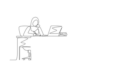 Aufkleber - Animated self drawing of continuous one line draw Arabian businesswoman writing sitting in front of laptop. Female studying writing in notebook in front of computer. Full length single line animation