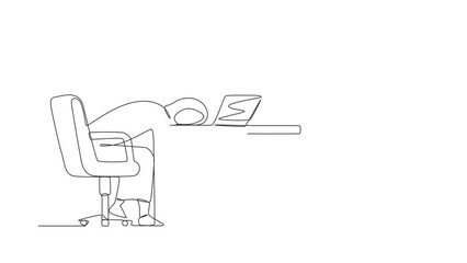 Poster - Self drawing animation of single line draw professional burnout syndrome. Exhausted tired Arabic female manager sad boring sitting with head down on laptop. Continuous line draw. Full length animated