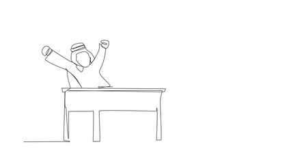 Poster - self drawing animation of single one line draw arab businessman sitting in chair at desk using lapto