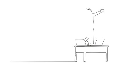 Poster - Animated self drawing of continuous line draw office worker dancing on desk. Arabian businessman dancing sitting at desk. Having fun at work. Work from home concept. Full length one line animation
