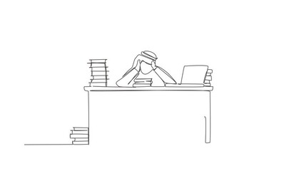 Poster - Animated self drawing of continuous line draw stressed Arab businessman throwing tantrum holding his hands to his head shouting while seated at desk surrounded by files. Full length one line animation