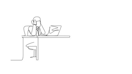 Poster - Animated self drawing of continuous one line draw tired office worker character. Male work at laptop feeling bad. Hold his head. Headache sick, exhausted, stressed. Full length single line animation