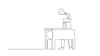 Wall Mural - Animated self drawing of continuous line draw businessman hugging laptop at office. Love to computer concept. Young emotional male. Human emotions, facial expression. Full length one line animation