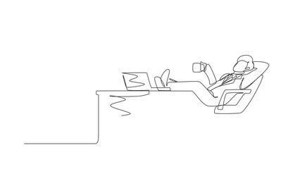 Wall Mural - Self drawing animation of single line draw businessman work relaxed and drink cup of coffee. Flat design of employee character working with laptop computer. Continuous line draw. Full length animated