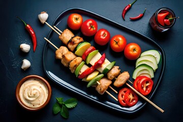 Wall Mural - Kebabs - grilled meat skewers, shish kebab with vegetables on black wooden background.