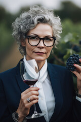 professional portrait of a successful businesswoman holding a glass of elderberry wine and standing in front of a vineyard, generative ai