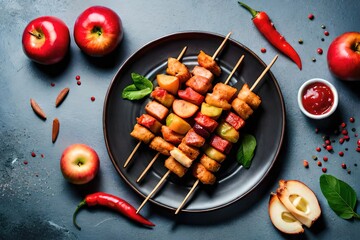 Wall Mural - Kebabs - grilled meat skewers, shish kebab with vegetables on black wooden background.