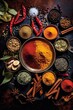 Colourful background from various herbs and spices for cooking in bowls.