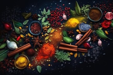 Colourful background from various herbs and spices for cooking in bowls.