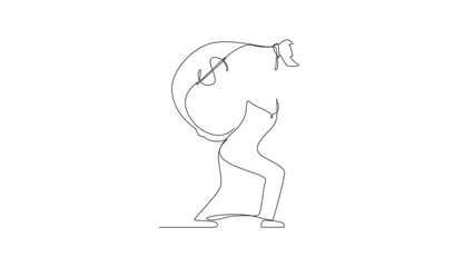 Poster - animated self drawing of continuous line draw arabian businesswoman carrying big heavy money bag on 