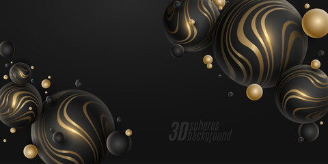 Wall Mural - Abstract background with dynamic 3d spheres textured with golden striped pattern. Futuristic glowing bubbles on black background. Trendy banner for your design. Vector illustration.