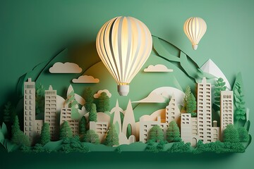 Paper cut of light bulb with green eco city , Renewable energy by 2050 Carbon neutral energy or greenhouse gas emission CO2 , Save energy creative idea concept , Generative Ai