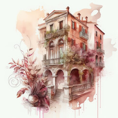 Poster - Watercolor house. Old house in blooming garden Provence, France or Tuscany, Italy. Beautiful building, italian architecture. Generative ai illustration in watercolor style
