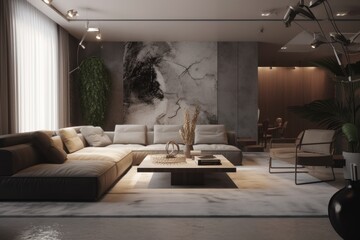 Wall Mural - Moody luxurious penthouse loft living room interior with minimal modern designer styled furnitureMade with Generative Ai