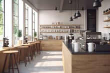 Modern Architecture Coffee Bar Cafe With Tall Modern Windows And Sustainable Wood Accents Made With Generative AI