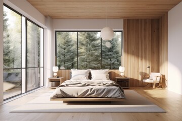 Bright Calm Natural Minimal Bedroom Interior with Real Wood Accent Wall Made with Generative AI