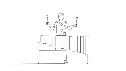 Poster - Self drawing animation of single one line draw woman Arabian percussion player play marimba. Female musician playing Mexican marimba instrument at festival. Continuous line draw. Full length animated