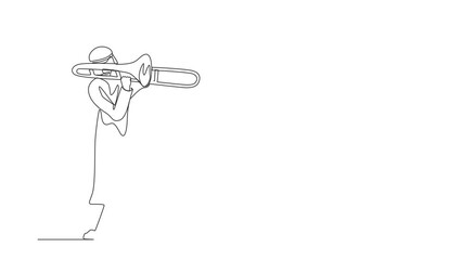Poster - Animated self drawing of continuous line draw Arabian trombone player. Performer play instrument. Music artist boy. Jazz man. Musician play trumpet. Classic music. Full length single line animation
