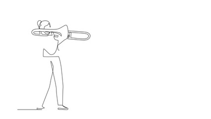 Poster - Animated self drawing of continuous line draw trombone player. Performer play wind instrument. Music artist girl. Jazz woman. Musician play trumpet. Classic music event. Full length one line animation