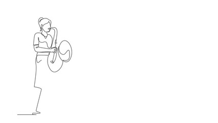 Poster - Self drawing animation of single line draw saxophonist. Jazz or blues musician, woman plays saxophone. Performer in festival jazz music, jazz band performances. Continuous line. Full length animated
