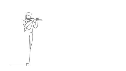 Poster - Animated self drawing of continuous line draw musician playing flute. Flutist performing classical music on wind instrument. Solo performance of talented flautist. Full length one line animation