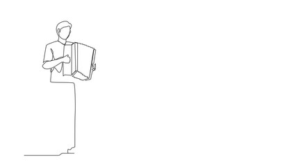 Poster - Self drawing animation of single one line draw musician playing accordion. Performer plays acoustic musical instrument. Accordionist perform playing music. Continuous line draw. Full length animated