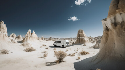 a van parked in the middle of an arid area with tall rocks and sparse trees on either side of the road. Generative Ai