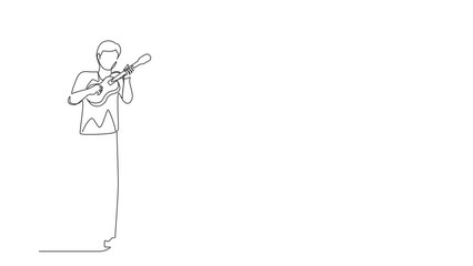 Poster - Animated self drawing of continuous line draw joyful playing on ukulele, singing having fun. Musician holding small guitar and singing. Man play on musical instrument. Full length one line animation