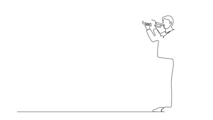 Poster - Animated self drawing of continuous line draw man playing trumpet. Music instrumental. Musician playing trumpet. Trumpet player. Orchestra performer. Music performance. Full length one line animation