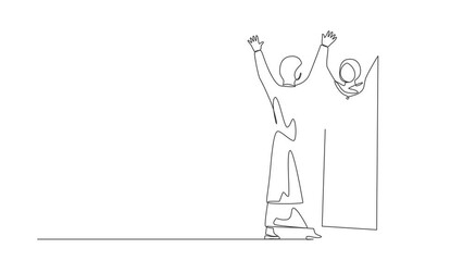 Poster - Animated self drawing of continuous line draw Arab businesswoman look in mirror with raised hands. Reflection in mirror. High self esteem psychology. Victory, success. Full length one line animation