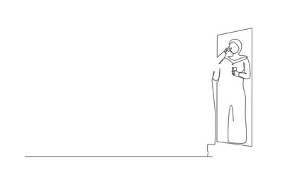 Poster - Animated self drawing of continuous line draw Arabian businesswoman wearing formal hijab, selfie in front of mirror. Taking selfie. Addiction on smartphone, internet. Full length single line animation