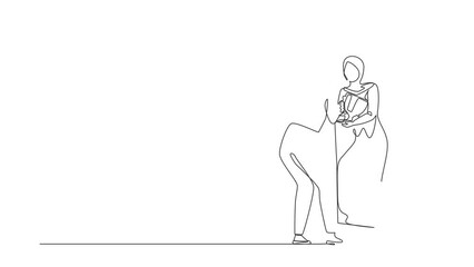 Poster - Self drawing animation of single one line drawing Arabian businesswoman looking herself. Female in front of mirror, optimism. Reflection reward with cup, winner. Continuous line. Full length animated