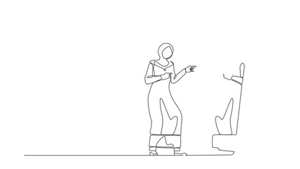 Poster - Animated self drawing of continuous line draw Arab businesswoman looks at mirror. Woman self reflection. Narcissism and vanity. Look selfishness, narcissistic, admiring. Full length one line animation