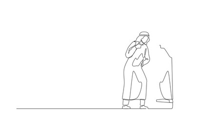 Poster - animated self drawing of continuous line draw arabian businessman fight with mirror reflection. guy 