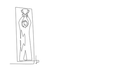 Poster - Animated self drawing of continuous line draw Arabian businessman looking himself happy in mirror reflection with lifting up trophy cup. Success in business and winner. Full length one line animation