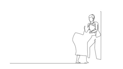 Poster - Self drawing animation of single one line draw businesswoman looking herself. Female in front of mirror, optimism, positive. Reflection reward with cup, winner. Continuous line. Full length animated