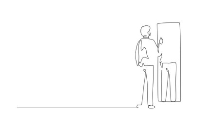 Poster - Animated self drawing of single continuous line draw businessman loves to look at reflection in mirror with thumbs up. Man in mirror reflection, attractive confidence. Full length one line animation