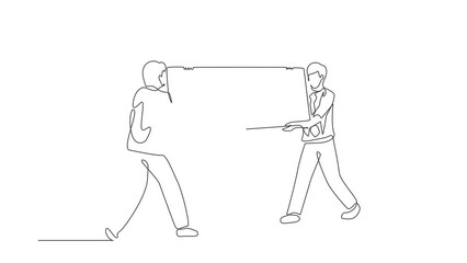 Poster - Animated self drawing of continuous one line draw male loaders carrying big mirror. Two businessmen with furniture in hall. Moving to new apartment, delivery concept. Full length single line animation