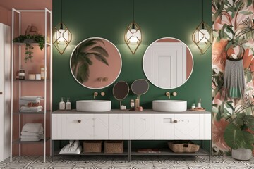 Poster - modern bathroom with green walls and dual round mirrors Generative AI