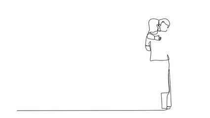 Poster - Animated self drawing of continuous line draw woman gives warm hug to her husband, being pleased, romantic relationship. Husband and wife feel pleased and togetherness. Full length one line animation