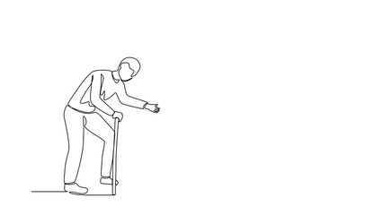 Poster - Animated self drawing of continuous line draw happy little boy running to hug his grandfather. Grandson visiting grandparents. Senior man welcoming grandchild at home. Full length one line animation