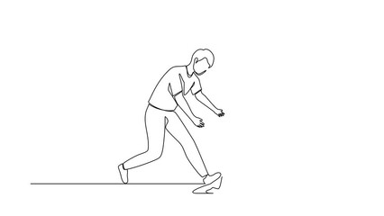Poster - Self drawing animation of single one line draw joyful daughter running to dad for family hug. Little girl meeting man with love. Fathers day, childhood concept. Continuous line. Full length animated